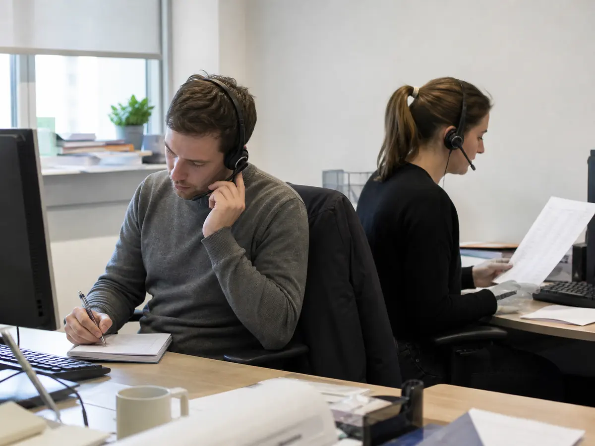 Deux collègues à des bureaux voisins passent chacun un appel téléphonique avec un casque.